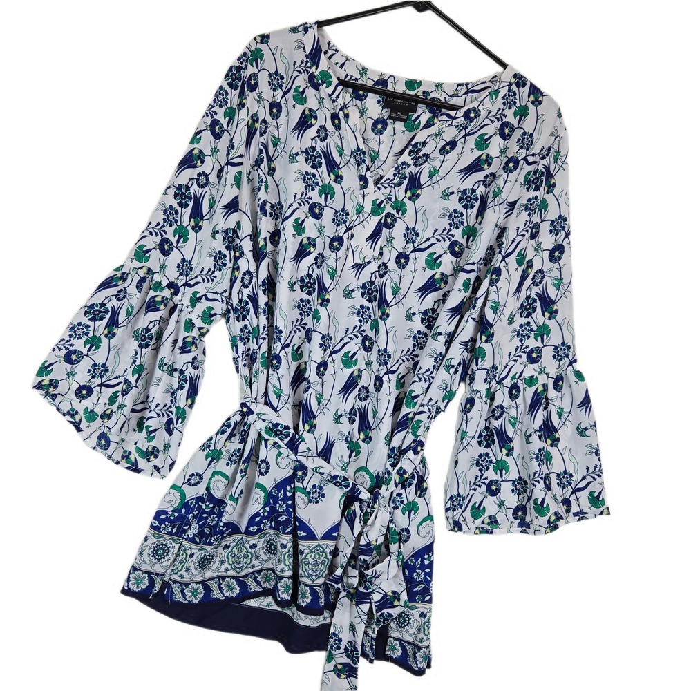 Liz Claiborne XL Floral Bell Sleeve Tunic Belted V-Neck Blouse Blue Boho Peasant